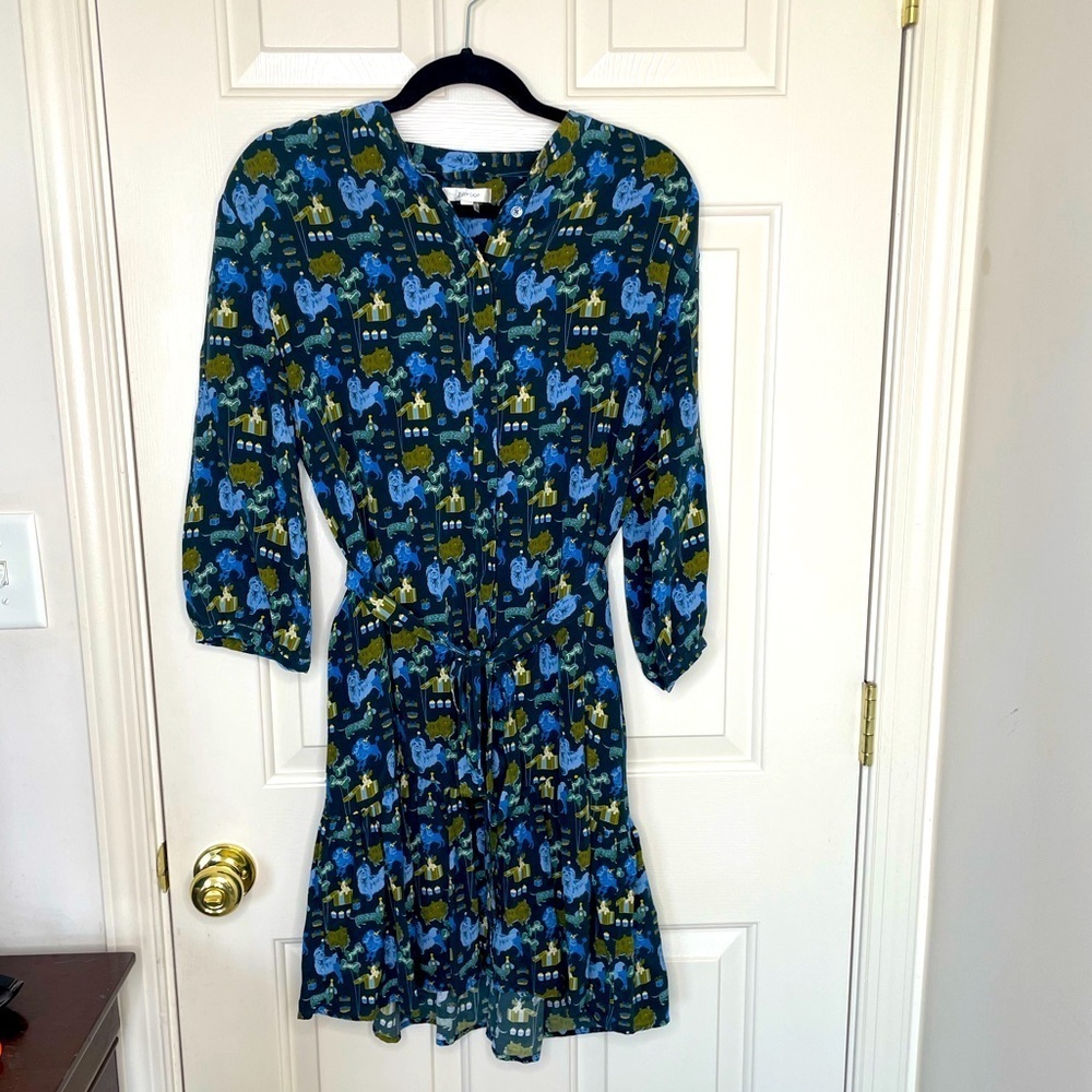 Tyler Boe Petra quarter sleeve woof party dog print pockets belt shirt dress | 8